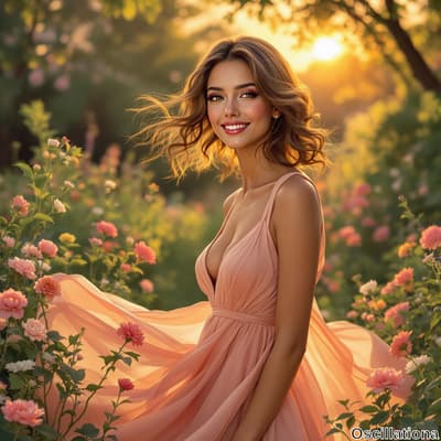 A woman with flowing, wavy hair stands in a lush garden at sunset, wearing a delicate blu…