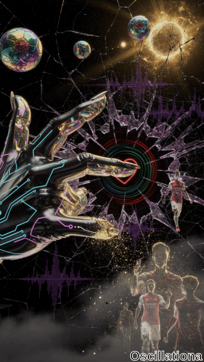 A futuristic robotic hand with neon blue and pink circuits breaks through a cracked glass…