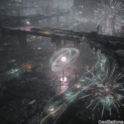 A futuristic, dystopian cityscape at night enveloped in mist, featuring elevated train tr…
