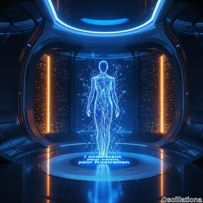 A futuristic high-tech scene with a blue and orange color scheme, featuring a holographic…