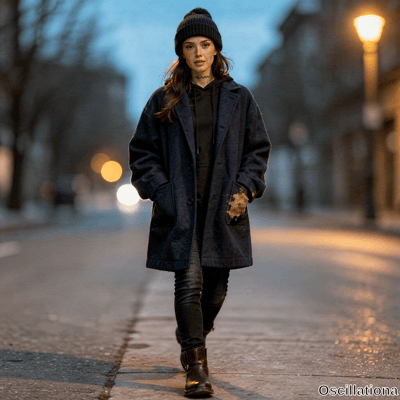 Young woman with freckles, long brown hair and neck tattoo stands at dusk in empty street…