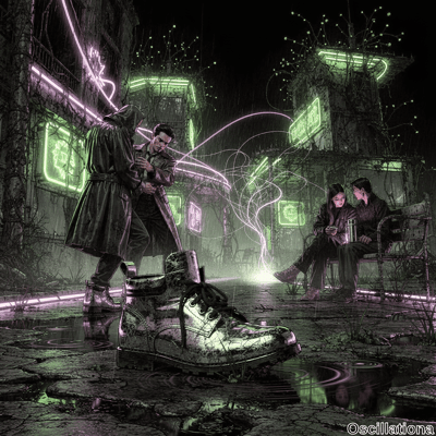 In rainy cyberpunk alley with pink, green, purple neons on vine-covered ruins, hooded man…