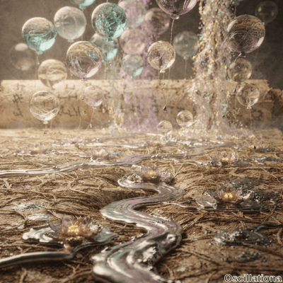 A surreal scene with translucent balloons in blue, purple, and green floating above a met…