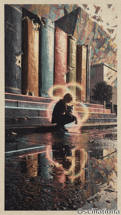 Surreal glitch-art rainy street: long-blonde-haired figure in black hoodie kneels on wet …