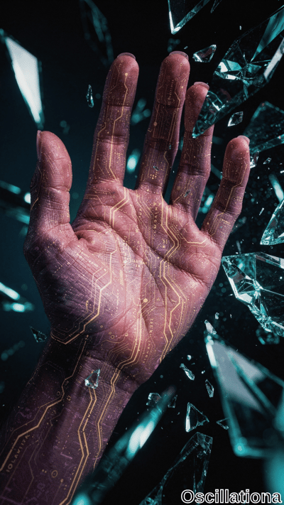 A close-up of a human hand with a futuristic cybernetic design, featuring a reddish hue a…