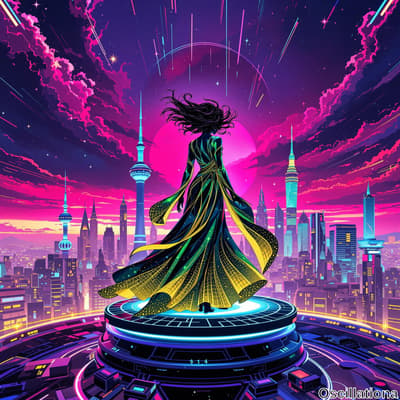 A woman in a flowing green, yellow, and black futuristic dress stands on a glowing circul…