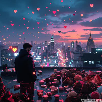 A man in a dark jacket stands on a rooftop, gazing at a panoramic view of a city resembli…