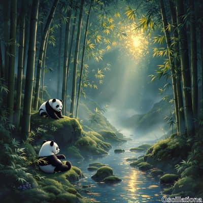 A serene bamboo forest with a reflective stream, bathed in soft golden sunlight filtering…