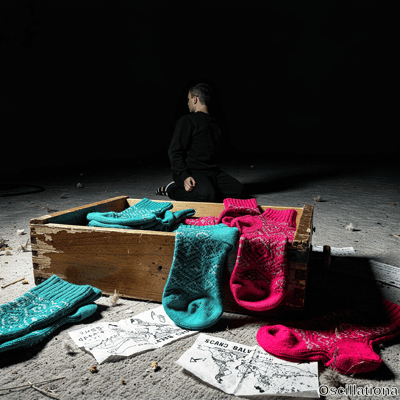 Dramatic image of man in black kneeling with back to viewer beside crate of teal and mage…