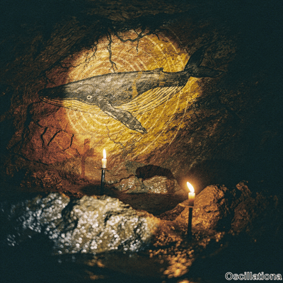 Dark rocky cave lit by two candles with a humpback whale mural in charcoal and gold on a …