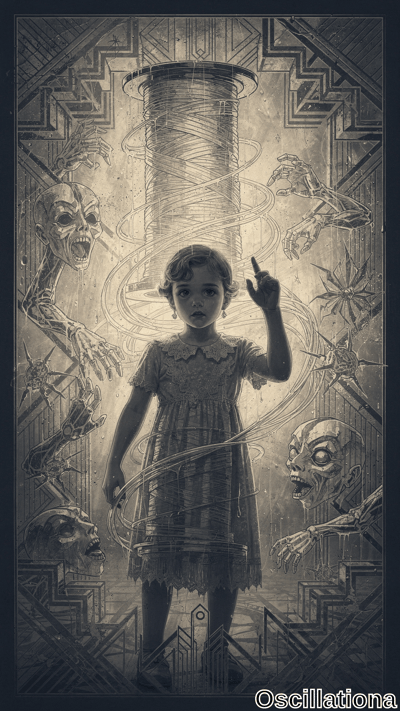 Grayscale Art Deco horror: wide-eyed girl in lace dress with curly bob points upward at g…
