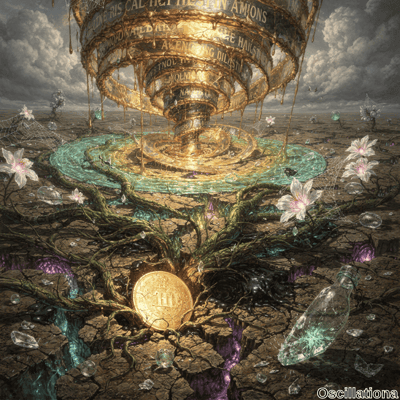 A surreal scene with a large, golden spiral structure floating above cracked, barren grou…