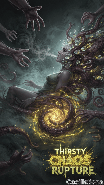 A dark, fantastical artwork depicting a serene woman with closed eyes and a slightly open…