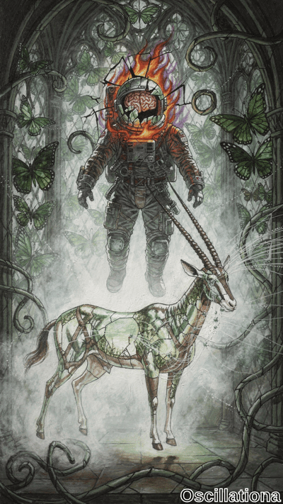 Surreal tarot art of floating orange-suited astronaut in vine-overrun gothic cathedral: c…