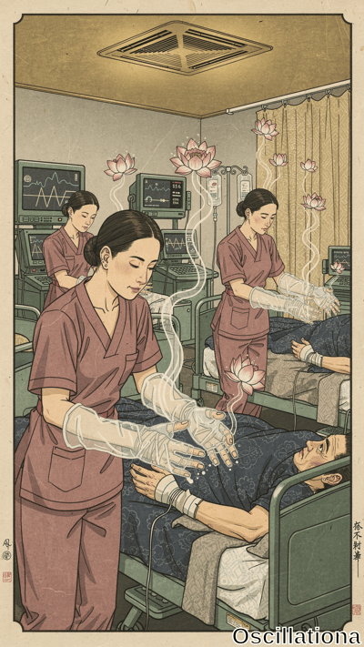 Vintage ukiyo-e woodblock print in sage greens, beiges, pinks, and blues depicts a surrea…