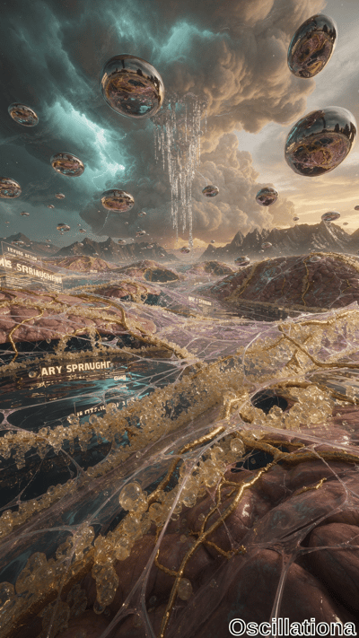 A surreal landscape with a translucent, crystalline ground veined in gold, resembling a n…