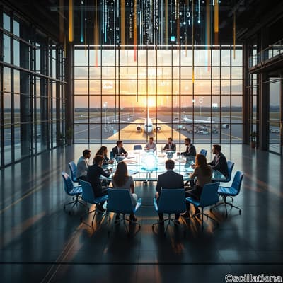 A modern conference room with large glass windows overlooking an airport runway at sunset…