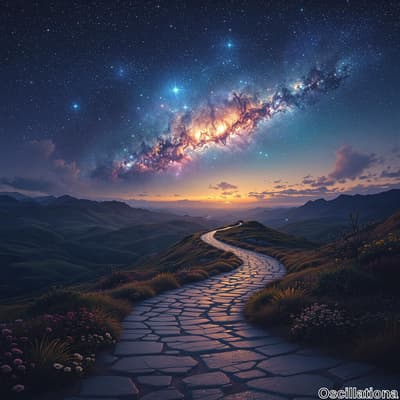 A serene twilight landscape with a winding stone path of irregularly shaped, flat stones,…
