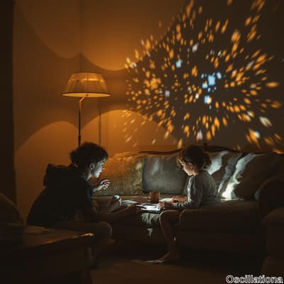 In a cozy, dimly lit living room, two children engage with a tablet on a coffee table, su…