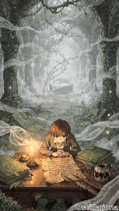 A contemplative pre-teen boy with reddish-brown hair, round glasses, and trench coat sits…