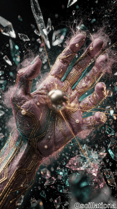 A futuristic purple hand with golden circuitry patterns holds a metallic sphere emitting …
