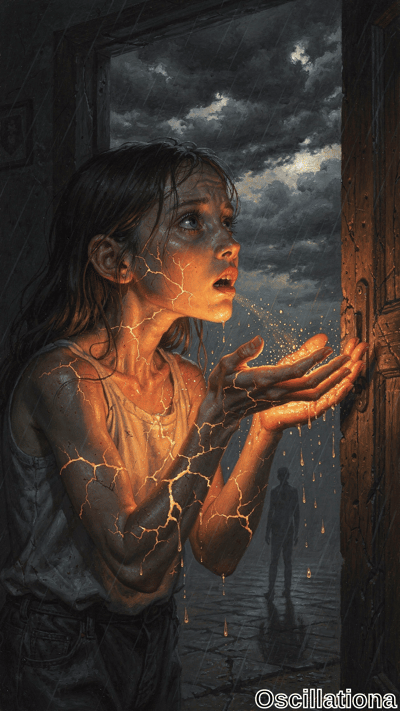 A young girl stands in a doorway, her hands extended towards a luminous object, her skin …