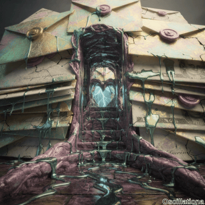 A surreal scene where pastel-colored envelopes and letters, adorned with purple and pink …