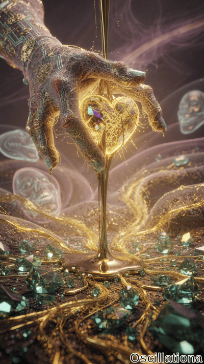A surreal hand made of glowing circuitry and golden threads holds a radiant, heart-shaped…