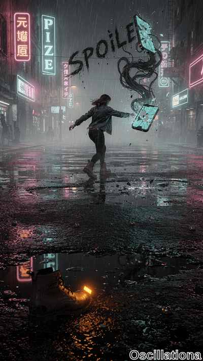 Cyberpunk rainy night street aglow with cyan, pink, magenta neon signs ("PIZE" pizza, "元宝…
