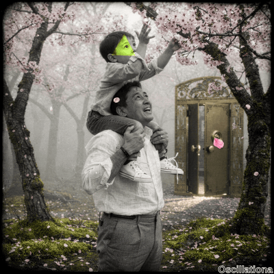 Dreamlike sepia vignette of joyful Asian father piggybacking toddler son in misty cherry …