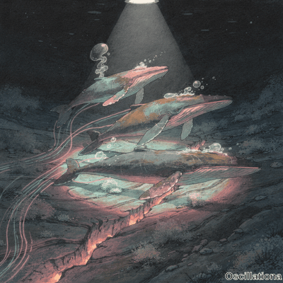 Three iridescent humpback whales swim diagonally toward a powerful surface spotlight abov…