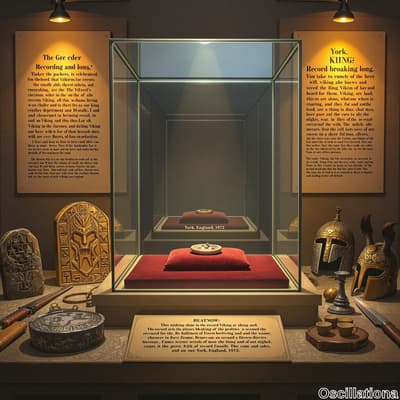 A museum exhibit showcasing Viking heritage with artifacts in a central transparent displ…
