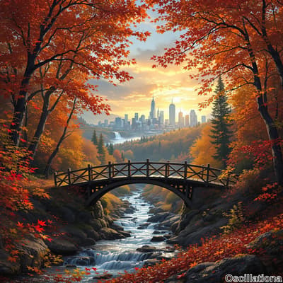 A wooden arched bridge spans a gentle stream with smooth rocks in the foreground, reflect…