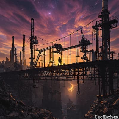 A silhouetted figure stands on a sturdy bridge at dusk, surrounded by towering industrial…
