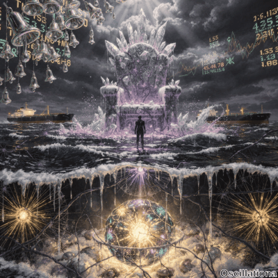 A surreal scene with a glowing purple crystalline throne on a stormy ocean, a human figur…