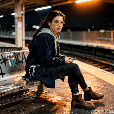 A young woman with freckles and wind-swept dark hair sits on a graffiti-covered bench at …