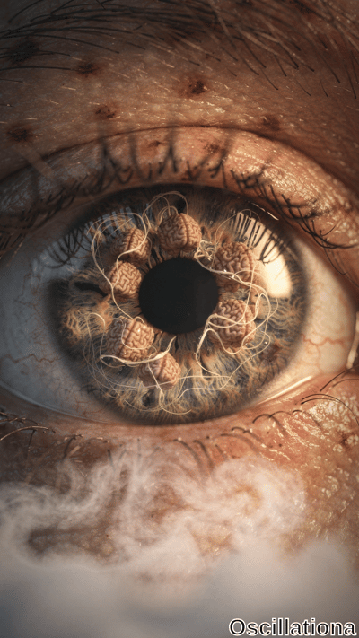 A highly detailed surreal human eye with brain-like structures connected by thin filament…