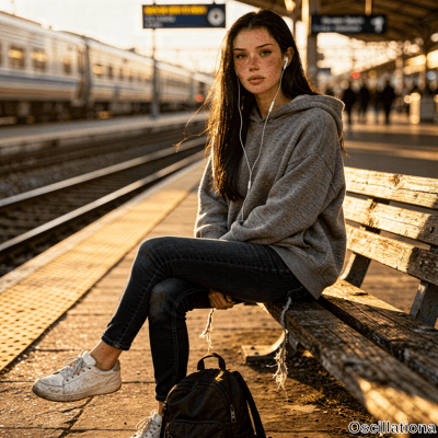 A young woman with freckles in gray hoodie with earphones sits on bench at golden hour tr…