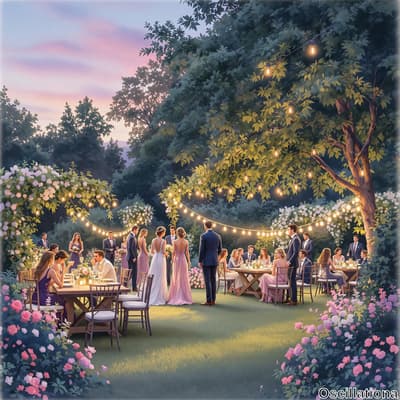 "An elegant outdoor wedding reception at dusk in a lush garden, with soft white string li…
