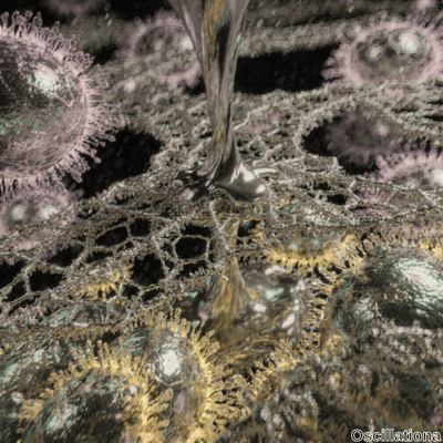 A surreal, microscopic scene with a metallic, fluid-like structure flowing from the top c…