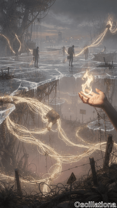 A hand in the lower right corner holds a flame with glowing tendrils extending upwards, i…