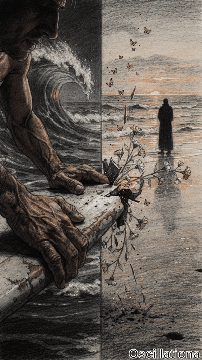 Surreal diptych: rugged man's face in waves gripping plank bursting daisies & butterflies…