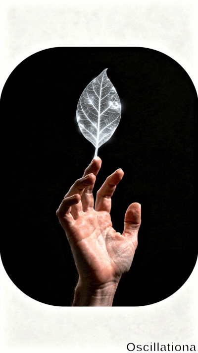 A hand with palm up delicately holds a glowing, translucent leaf, its veins illuminated f…