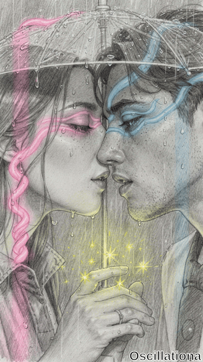 Close-up pencil sketch of young woman and man in intimate near-kiss under translucent umb…