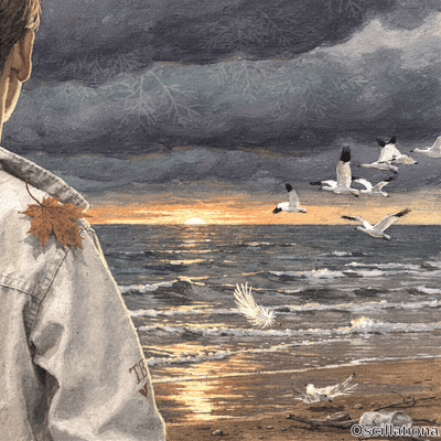 Solitary figure in gray jacket with maple leaf stands on beach gazing at stormy clouds wi…