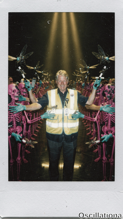 Surreal Instax Polaroid with white frame: smiling Bill Clinton lookalike in yellow hi-vis…