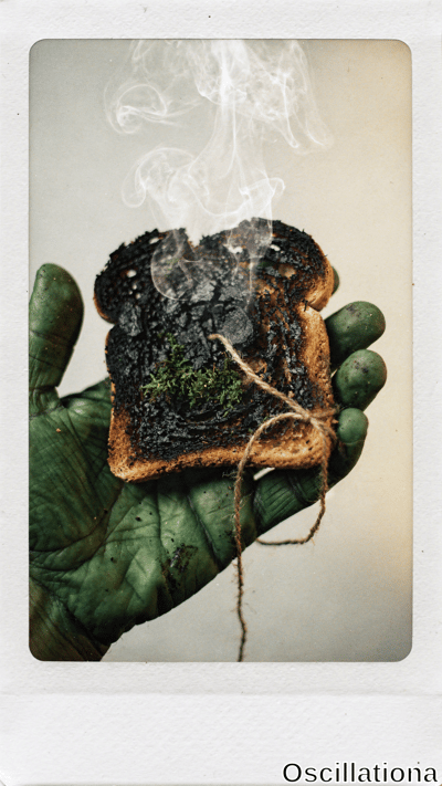 Surreal Polaroid-style close-up with white borders & faint yellow tint: heavily burnt toa…