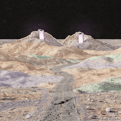 Surreal glitch-art desert under starry black sky with purple glows & scan-lines. Giant gl…