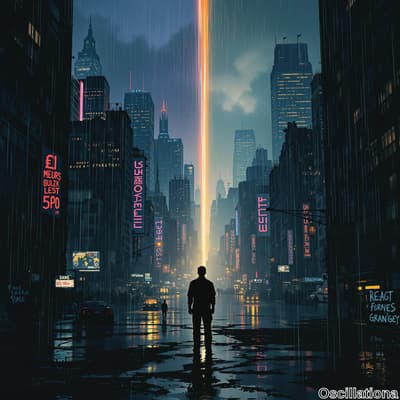 A silhouetted figure stands in the foreground of a cyberpunk cityscape at night, facing a…