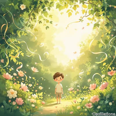 A young boy with short brown hair stands on a softly lit path in a lush green forest, wea…
